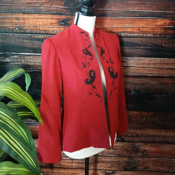 NWT Studio I Blazer Jacket 4 Petite Embellished Beaded Red Open Front - Picture 5 of 7